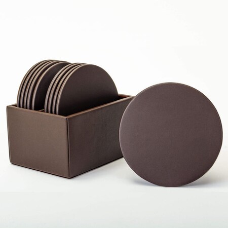 Dacasso Chocolate Brown Leatherette 10 Round Coaster Set with Holder AG-3335